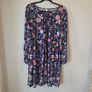 Old Navy Keyhole Long Sleeve Swing Dress Navy Floral Boho Peasant XL NWT